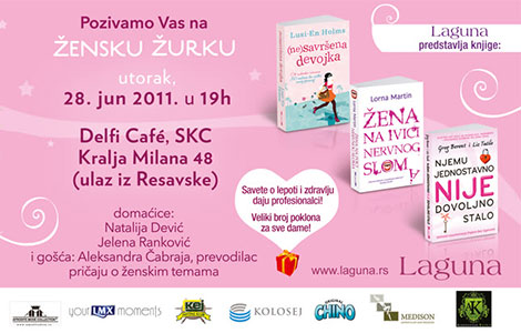 ženska žurka u utorak, 28 juna u 19 sati, u delfi caféu laguna knjige